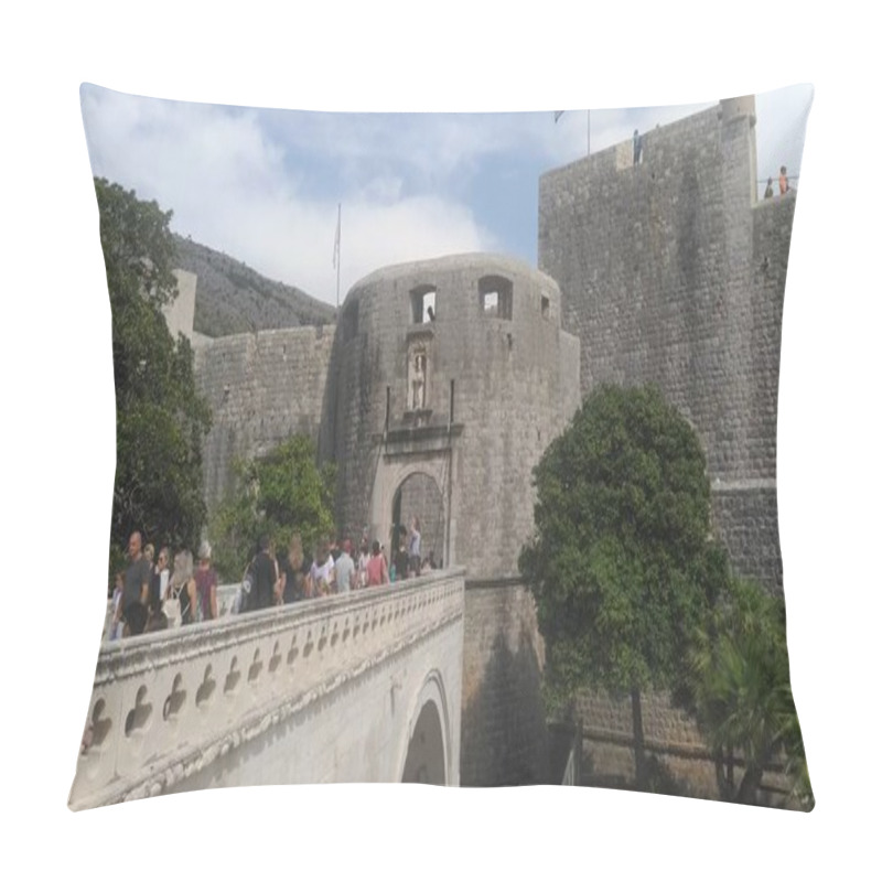 Personality  Pile Gate Dubrovnik Croatia August 14 2022 People Men And Women Walk Along The Stone Bridge To The Gate Of The Old City. Crowd Of Tourists. Busy Entrance. The Main Entrance To Old Town, Busy Pile Gate Pillow Covers