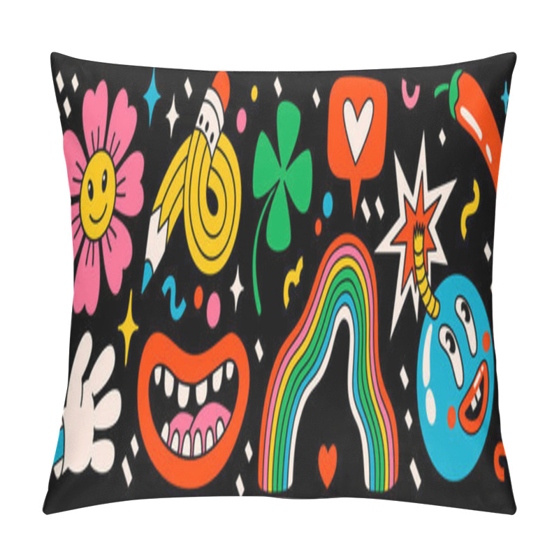 Personality  Cartoon Vector Funny Cute Comic Characters. Crazy Cartoons Abstract Vector Collection In Trendy Retro Comic Style Pillow Covers