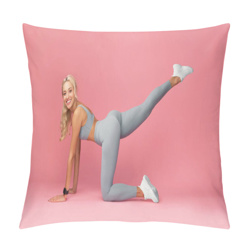 Personality  Smiling Young Woman Doing Exercise With Leg Raise Pillow Covers