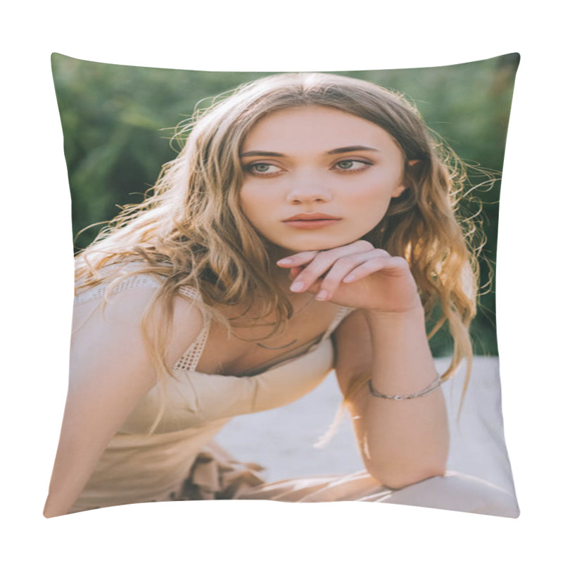 Personality  Portrait Of Attractive Blonde Girl In Elegant Dress Pillow Covers