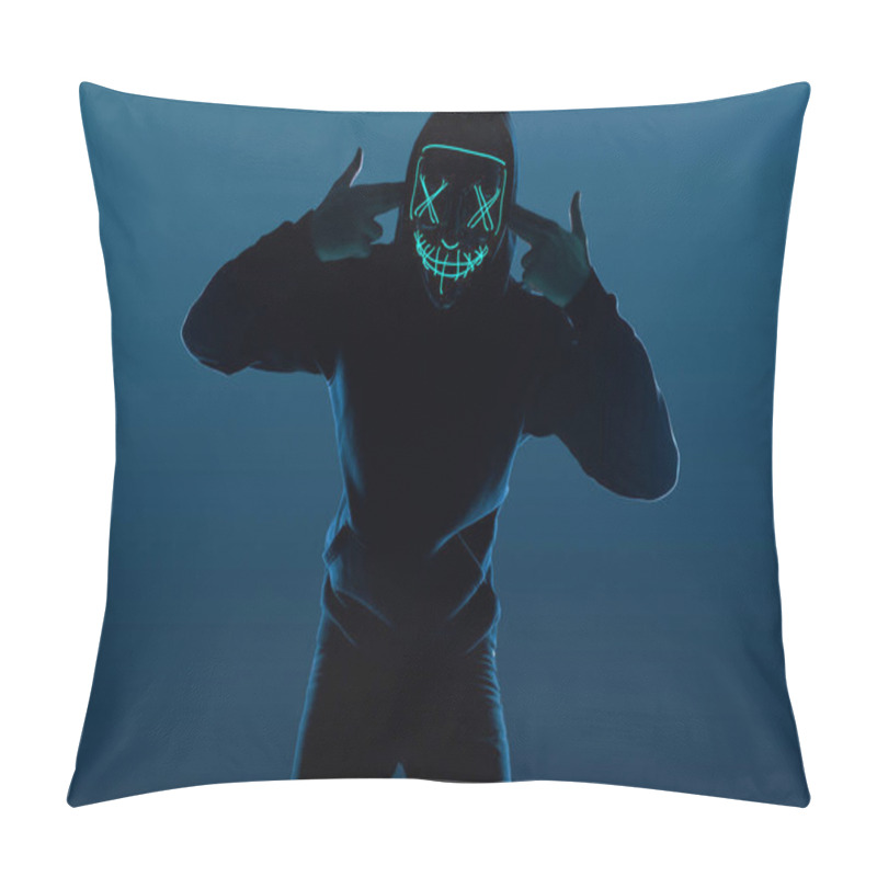 Personality  Anonymous Man In Black Hoodie Hiding His Face Behind A Neon Mask Pillow Covers