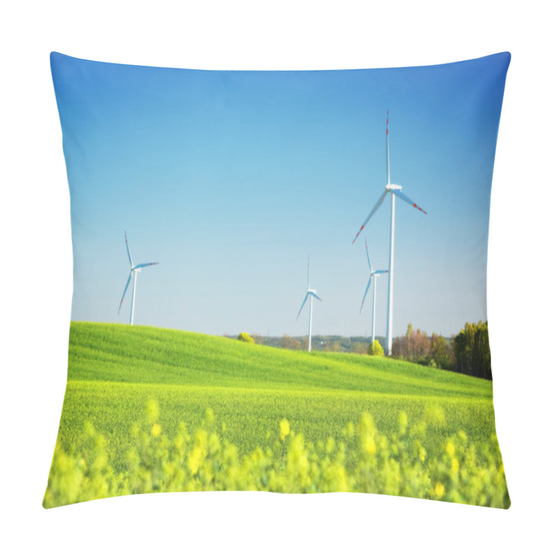 Personality  Wind Turbines On Spring Field. Alternative, Clean And Natural Energy Pillow Covers