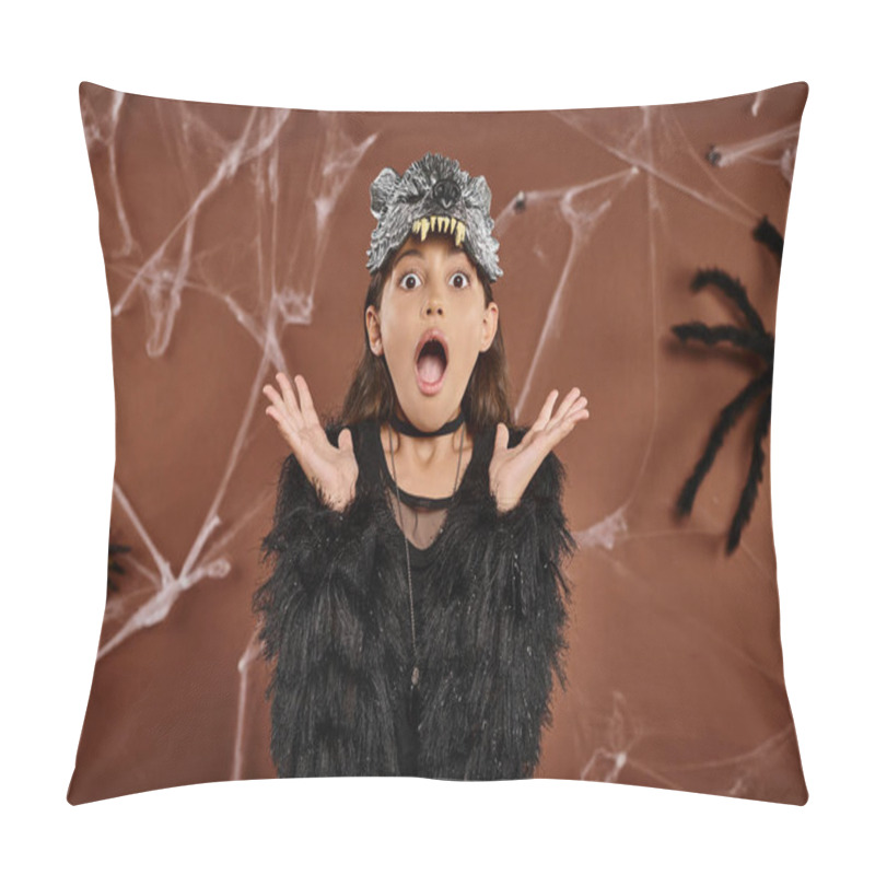 Personality  Close Up Preteen Girl Looking Horrified With Raised Hands On Brown Background, Halloween Concept Pillow Covers