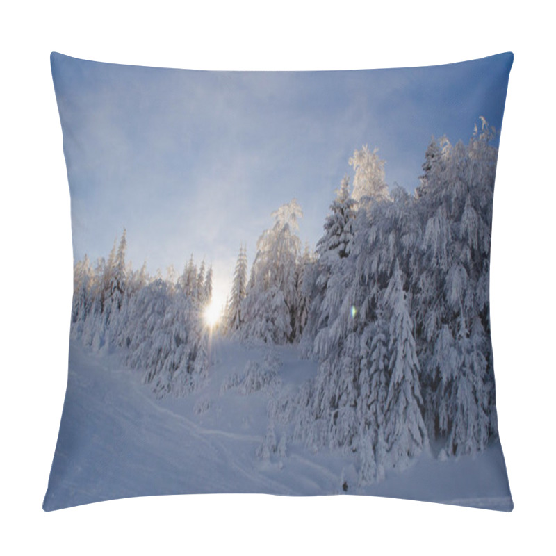 Personality  A Serene Winter Morning In The Mountains As The Sun Rises, Casting A Warm Glow Over Snow-covered Trees. This Peaceful Scene Captures The Tranquil Beauty Of A Frosty Forest, Illuminated By The First Light Of Day, Offering A Perfect Blend Of Tranquilit Pillow Covers