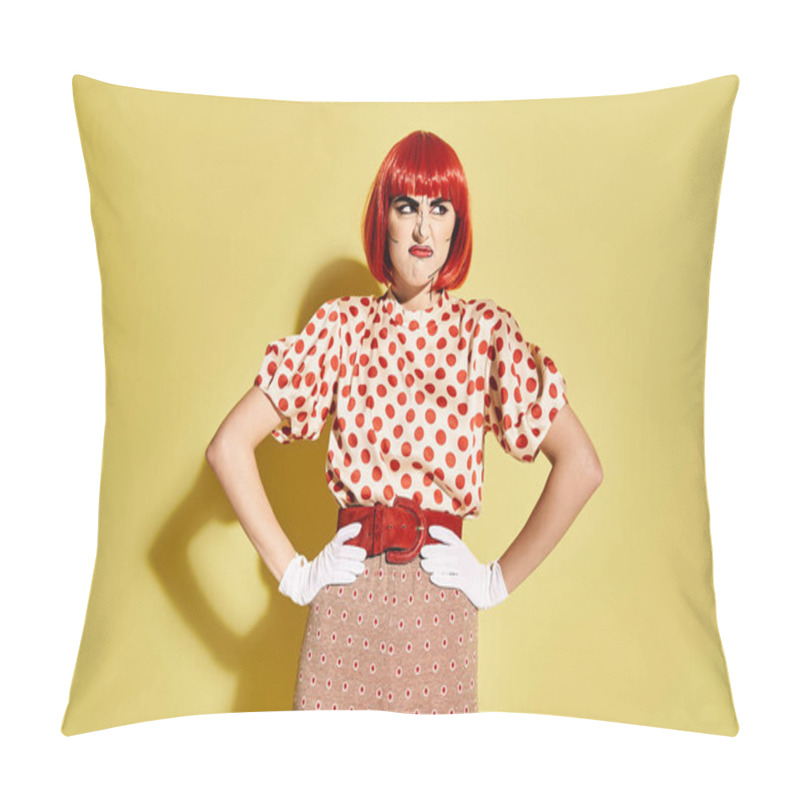 Personality  Vibrant Red-haired Woman With Pop Art Makeup Donning A Polka Dot Blouse On A Bold Yellow Backdrop. Pillow Covers