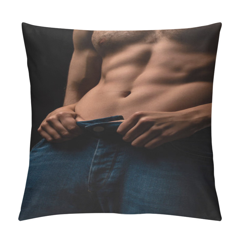 Personality  Cropped View Of Woman Undressing Sexy Young Man With Muscular Torso Isolated On Black Pillow Covers