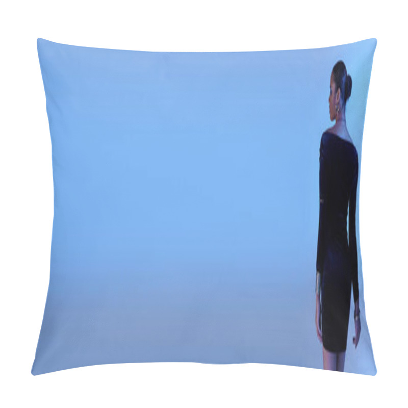 Personality  A Young African American Woman Stands Gracefully In Front Of A Vibrant Blue Wall, Banner Pillow Covers