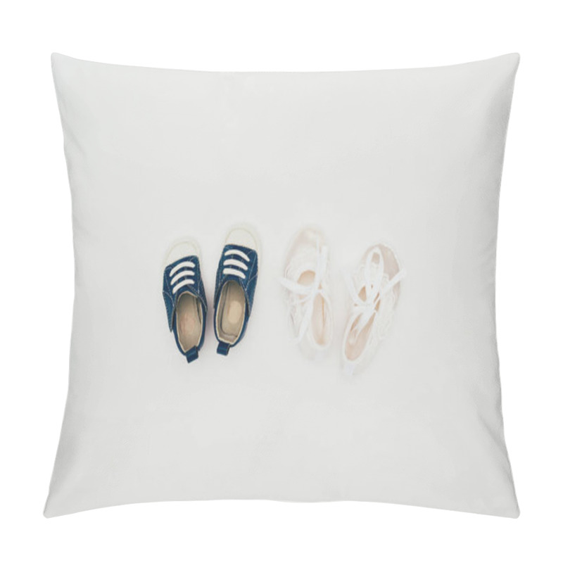 Personality  Top View Of Two Pairs Of Baby Shoes Isolated On White Pillow Covers