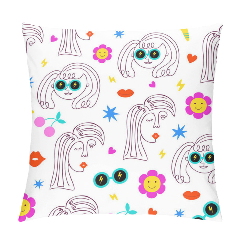 Personality  Abstract Girl Face Pattern In Y2k Style. Gen Z Fun Funky Background. Girl Power Print. Continuous Line Face Women. Fashion Female Portrait One Line. Graphic Illustration. Nostalgia 2000 Design. Pillow Covers