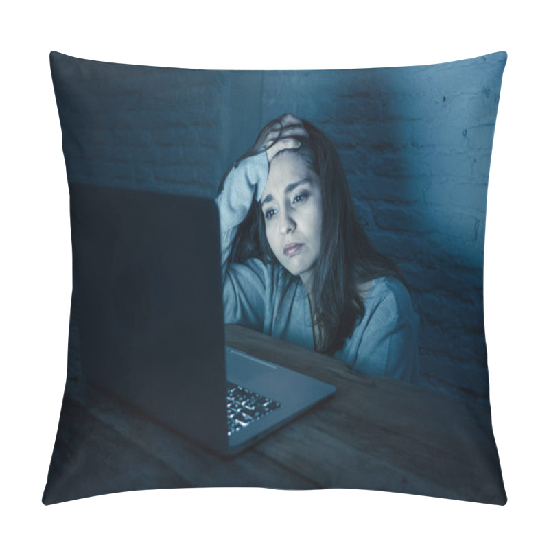 Personality  Dramatic Portrait Of Sad Scared Young Woman Stressed And Worried Staring At Laptop Suffering Cyber Bullying And Harassment. Victim Of Online Abuse And Intimidation By Stalker. In Dangers Of Internet. Pillow Covers