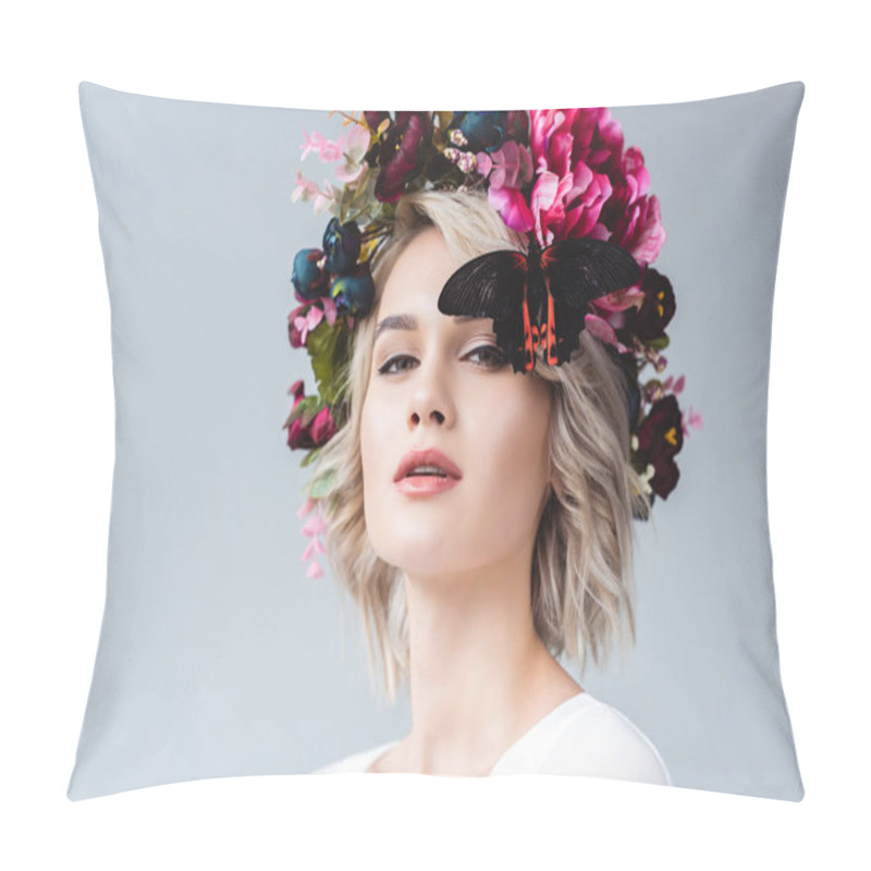 Personality  Beautiful Girl Posing In Floral Wreath With Butterfly, Isolated On Grey Pillow Covers