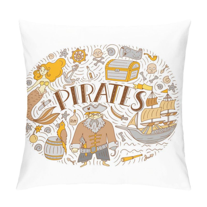 Personality  Symbols Of Pirates - Hat, Sword, Guns, Treasure Chest, Ship, Flag, Captain, Skull And Crossbones, Compass, Mermaid, Map, Parrot. Pillow Covers