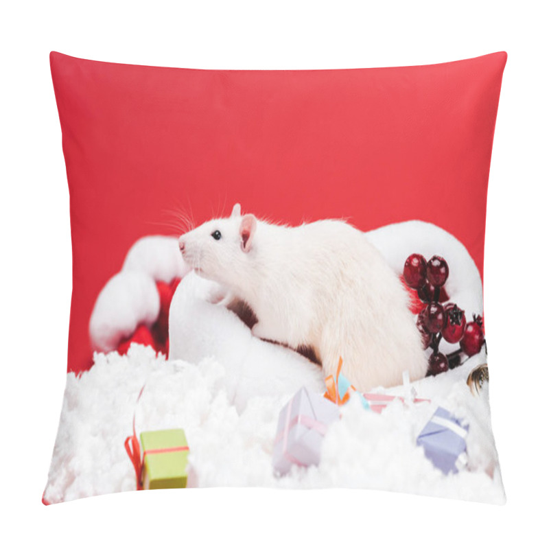 Personality  Selective Focus Of Little Mouse On Santa Hat Near Presents And Red Berries Isolated On Red  Pillow Covers