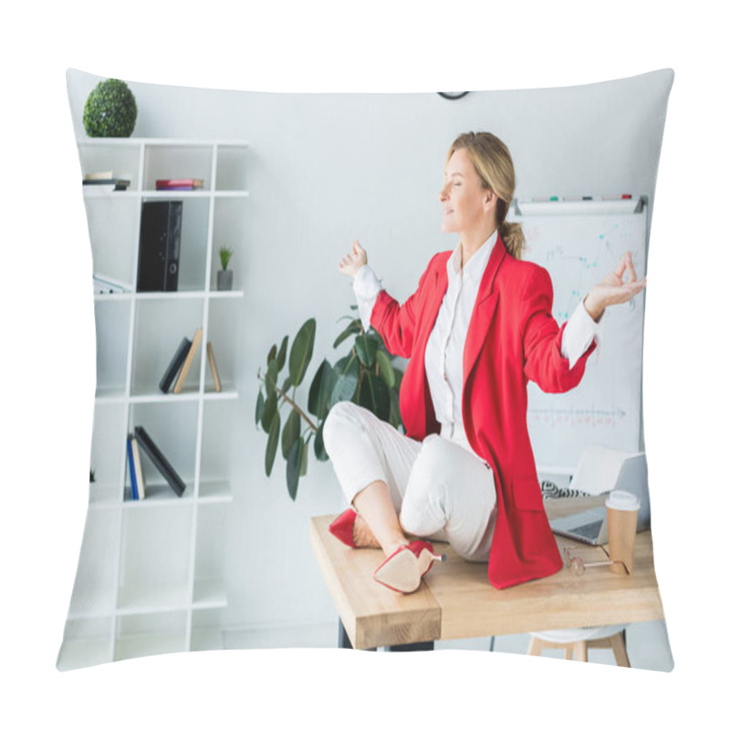 Personality  Attractive Businesswoman Meditating In Lotus Pose On Table In Office Pillow Covers