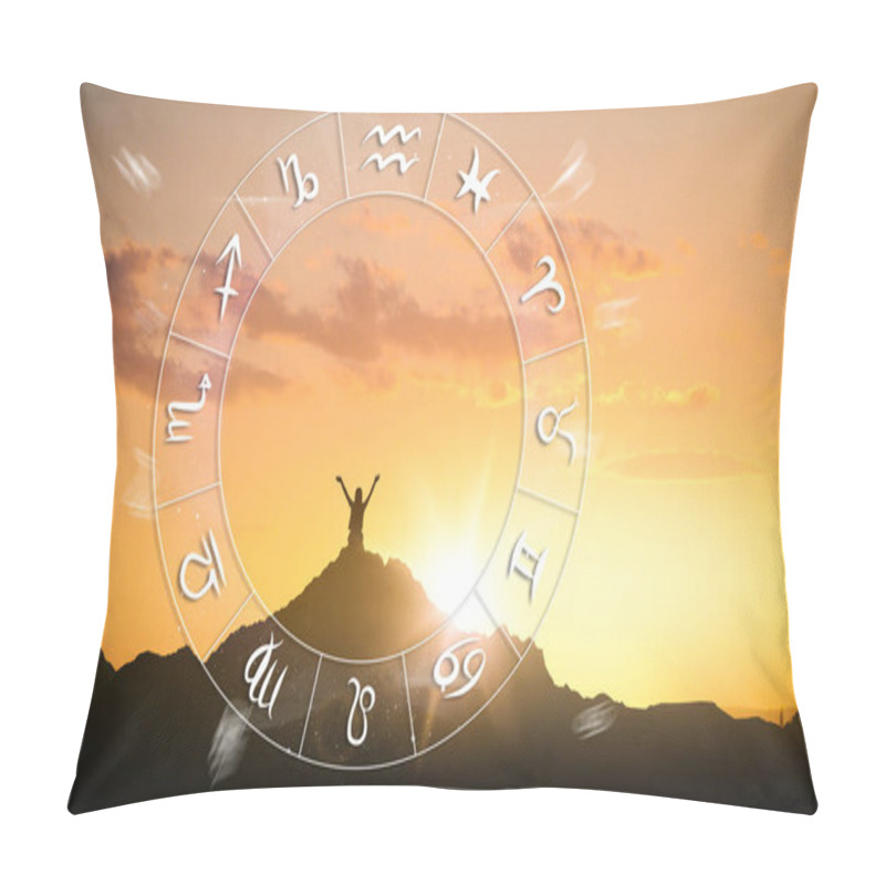 Personality  Zodiac Wheel And Photo Of Woman In Mountains Under Sunset Sky, Space For Text. Banner Design Pillow Covers