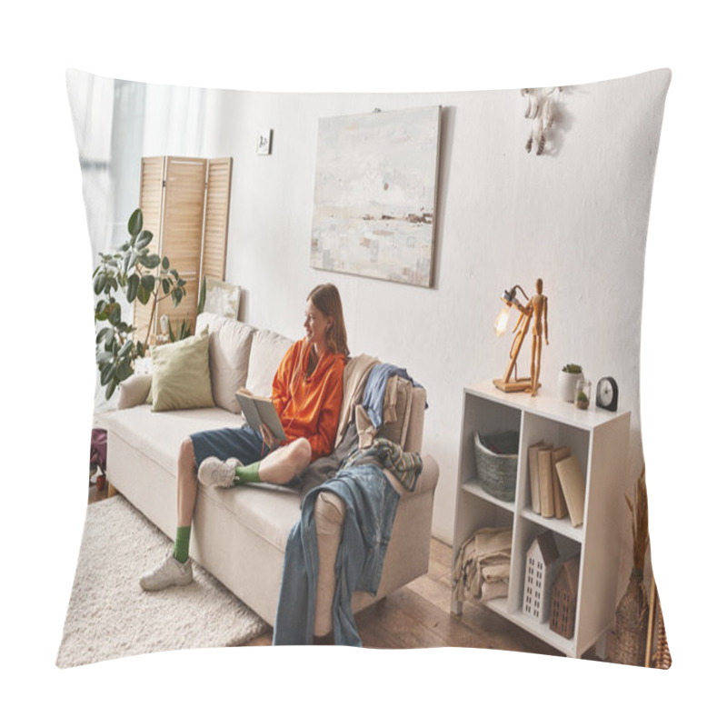 Personality  Happy Teenage Girl Reading Book While Sitting On Sofa Next To Messy Pile Of Clothes In Apartment Pillow Covers