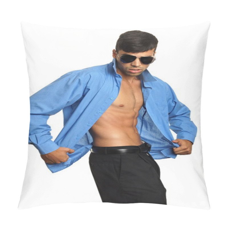 Personality  Young Businessman In A Blue Shirt Unbuttoned Pillow Covers