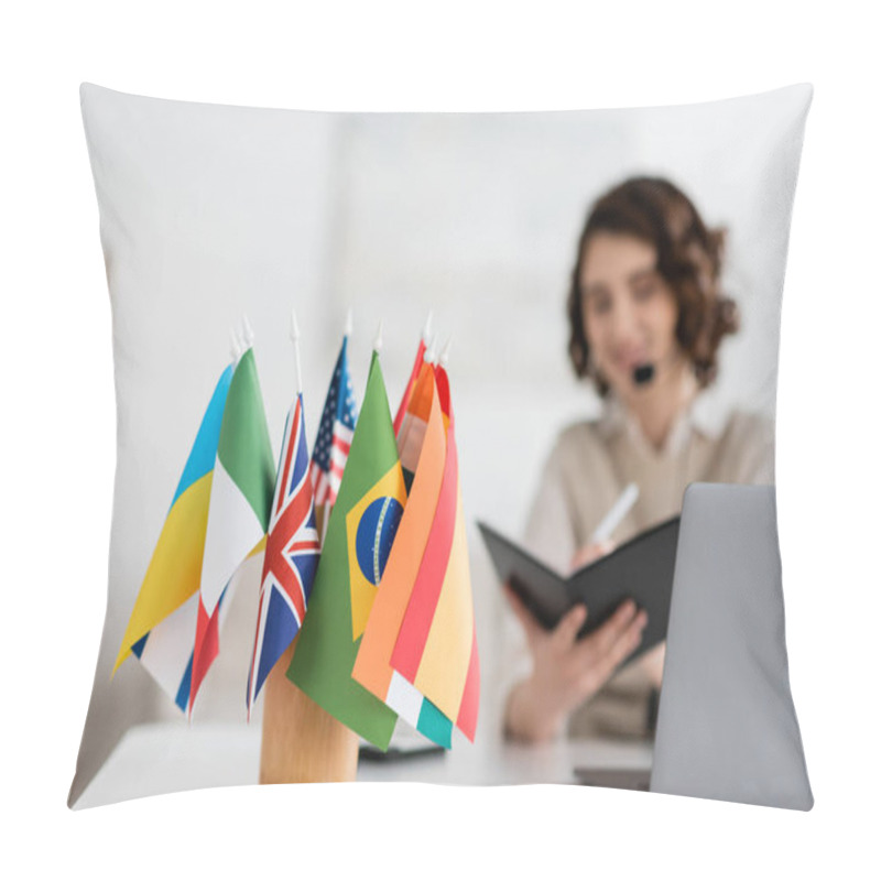 Personality  Selective Focus Of International Flags Near Language Teacher Writing In Notebook During Online Lesson At Home Pillow Covers