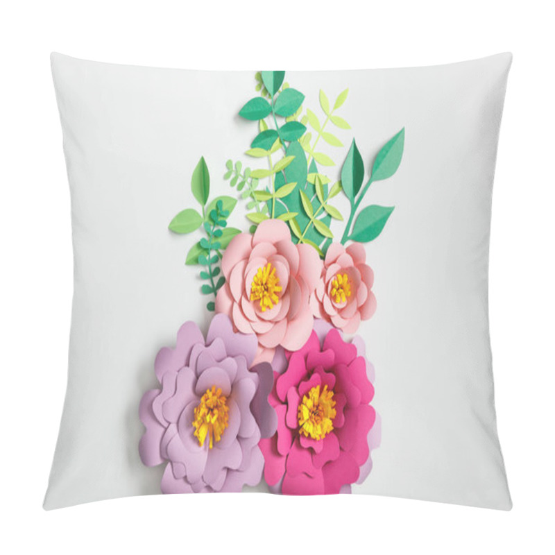 Personality  Top View Of Pink And Lilac Paper Flowers With Green Leaves On Grey Background Pillow Covers