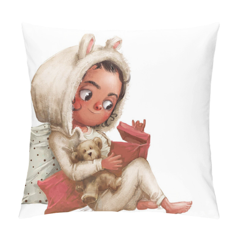 Personality  Cute Little Cartoon Girl With Teddy Bear And Present Box Pillow Covers