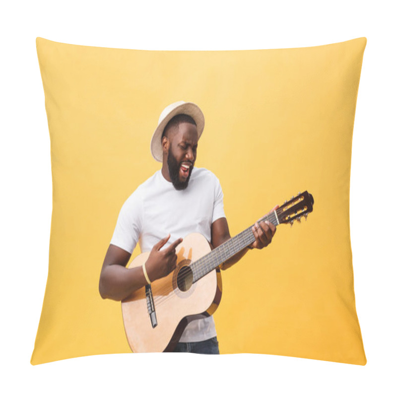 Personality  Muscular Black Man Playing Guitar, Wearing Jeans And White Tank-top. Isolate Over Yellow Background. Pillow Covers