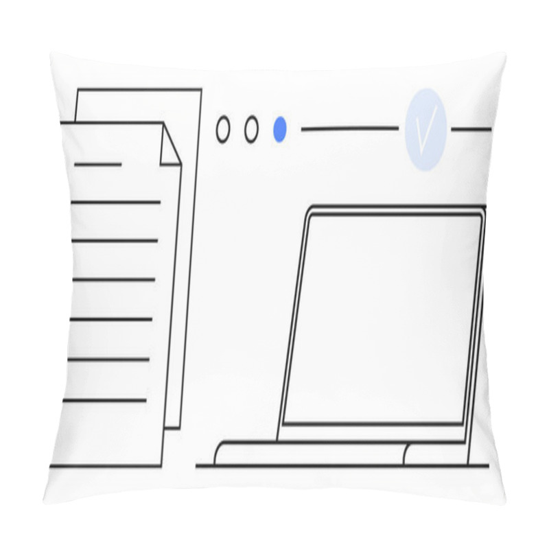 Personality  Documents Beside A Laptop With Circular Progress Indicators And A Checkmark. Ideal For Productivity, Organization, Digital Tasks, Work Management, Workflow, Efficiency, Project Tracking. Line Pillow Covers