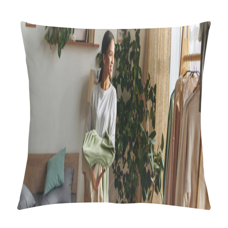 Personality  Bright And Airy Apartment Where A Young Woman Organizes Laundry And Tidies Up Beautifully, Banner Pillow Covers