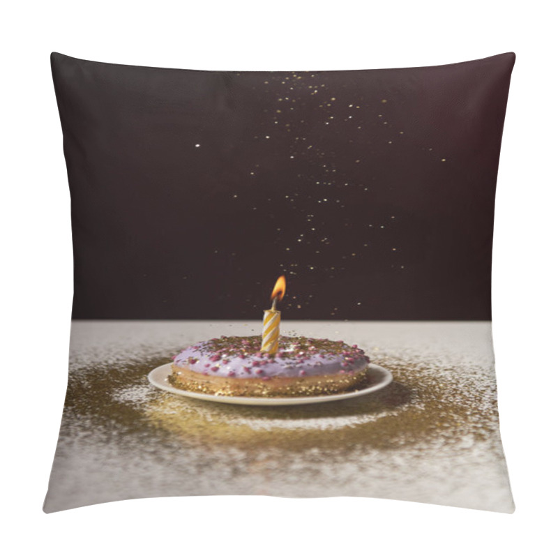 Personality  Burning Candle In Middle Of Tasty Donut With Falling Sparkles Isolated On Black Pillow Covers