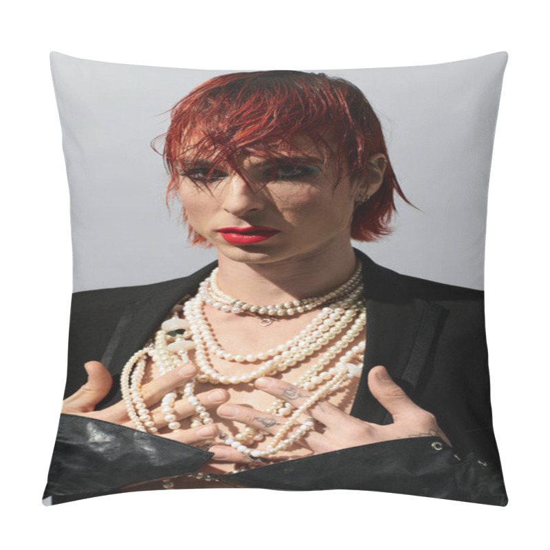 Personality  A Young Man Displays Creative Fashion Choices, Adorned With Pearls And Vibrant Makeup. Pillow Covers