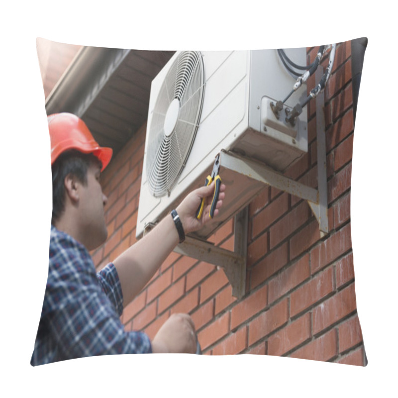 Personality  Technician In Hardhat Connecting Outdoor Air Conditioning Unit Pillow Covers