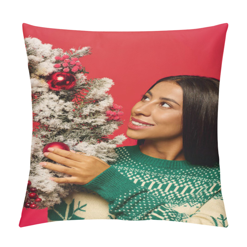 Personality  A Beautiful Woman Dressed In A Festive Sweater Smiles While Holding Holiday Decorations. Pillow Covers