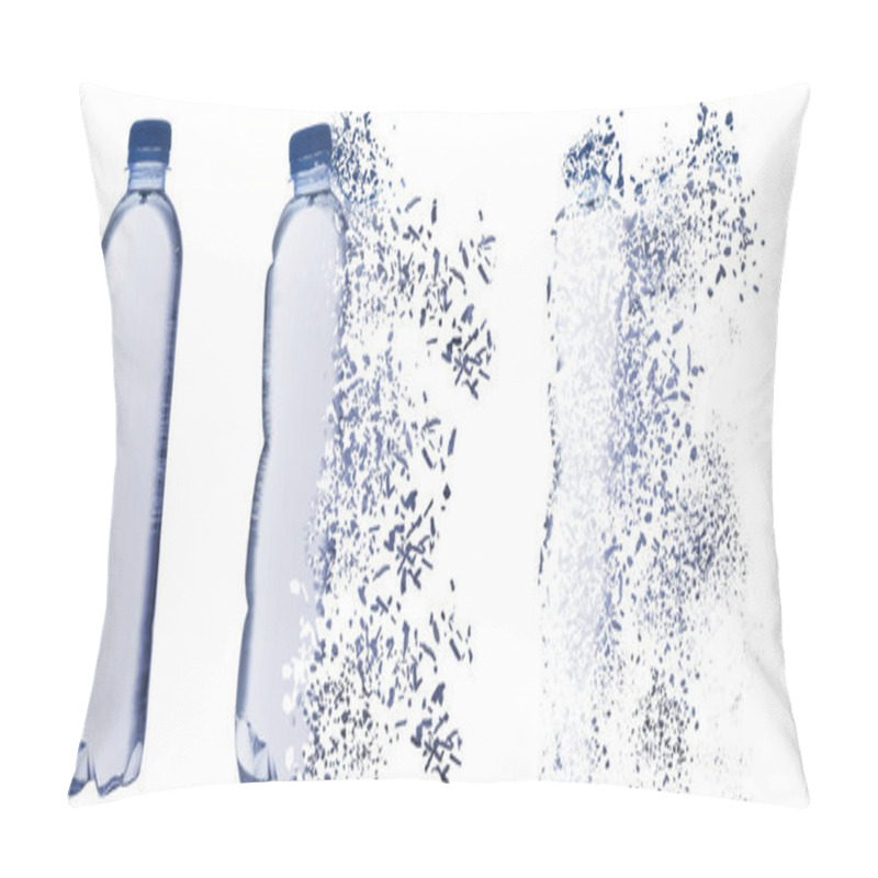 Personality  Set With Bottles Of Water Vanishing On White Background. Decomposition Of Plastic Pollution, Banner Design Pillow Covers