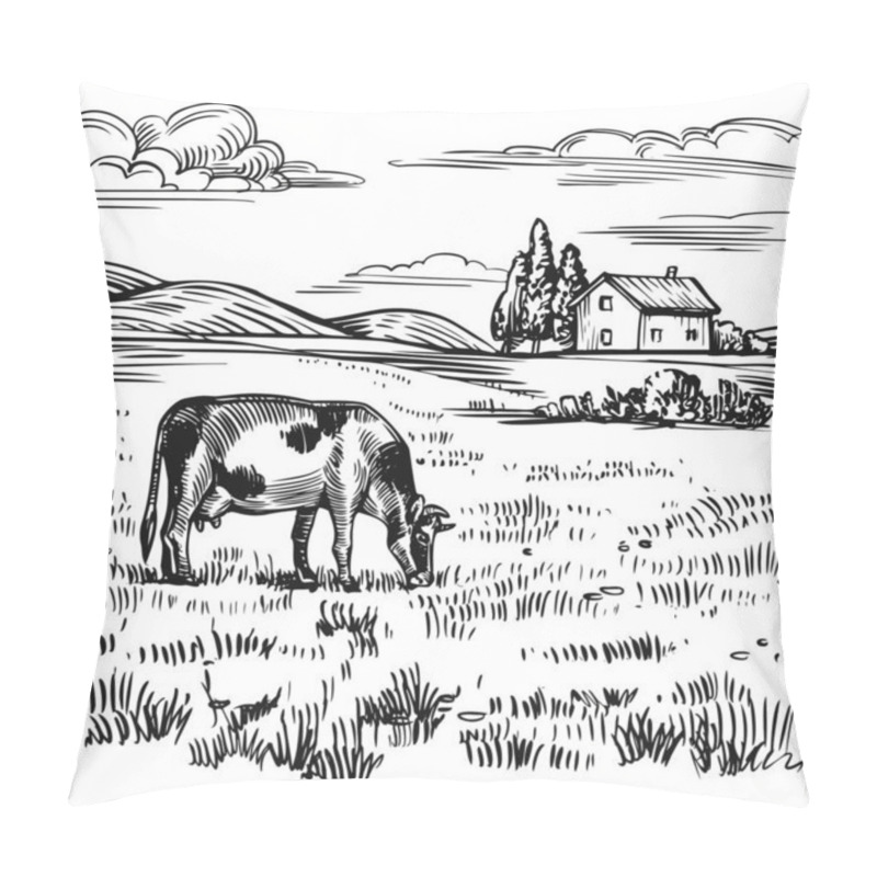 Personality  Countryside Landscape, Rural Farm View With A Cow On The Meadow, Old Country House, Field And Hills. Hand Drawn Black And White Sketch, Vintage Etching Stock Vector Illustration. Pillow Covers