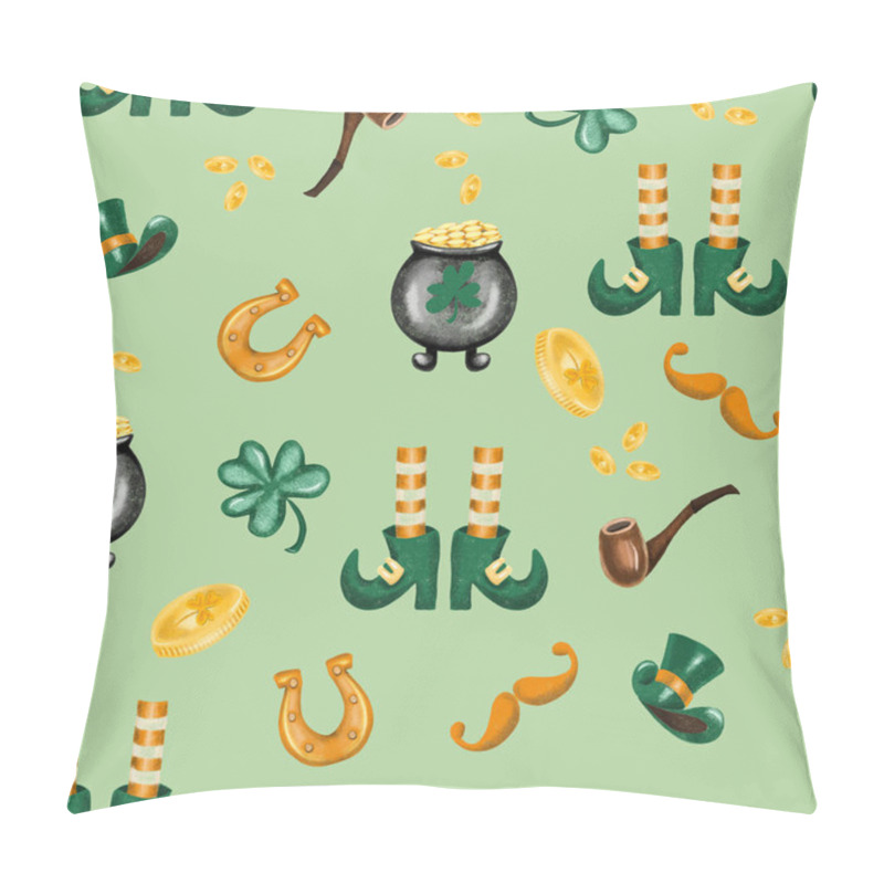 Personality  Seamless Pattern Of St.Patrick's Day Elements, Hand Drawn On A Green Background Pillow Covers