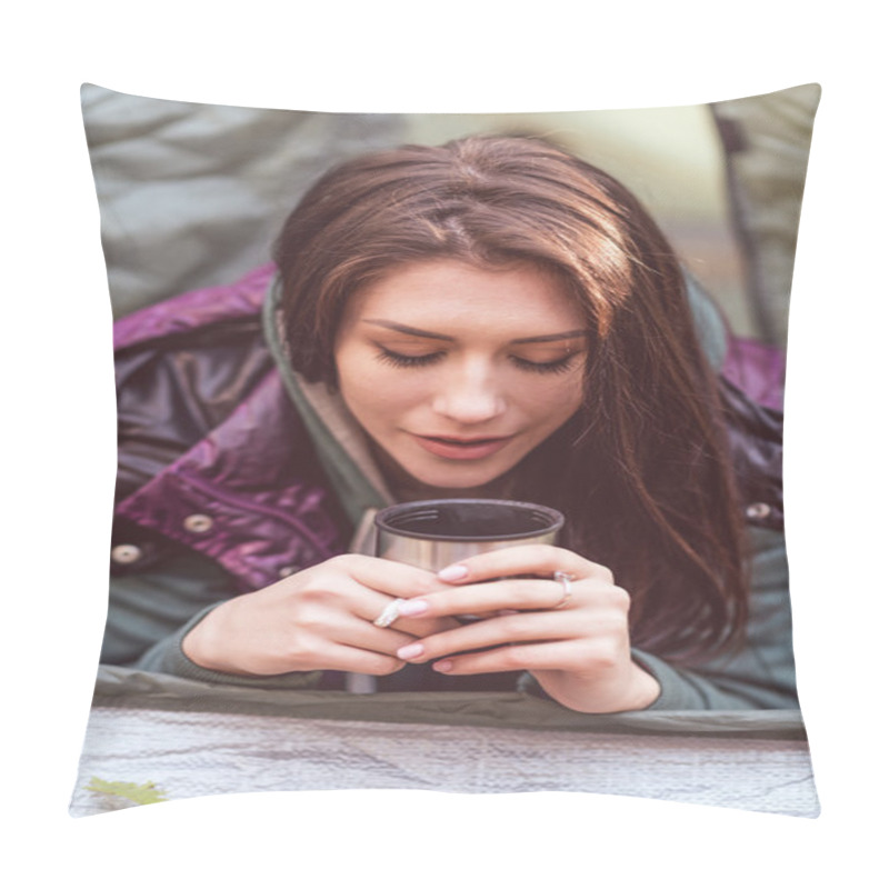 Personality  Woman In Tent Holding Metallic Cup Pillow Covers