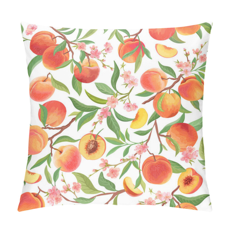 Personality  Seamless Peach Pattern With Tropic Fruits, Leaves, Flowers Background. Illustration In Watercolor Style Pillow Covers