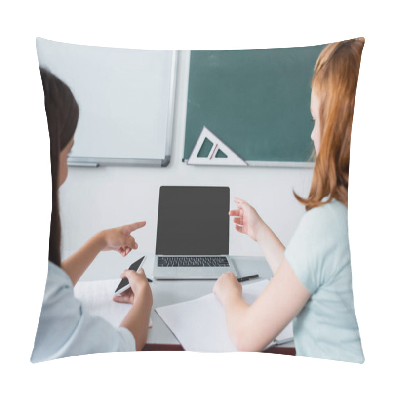 Personality  Blurred Schoolgirls Pointing At Laptop During Lesson In School  Pillow Covers