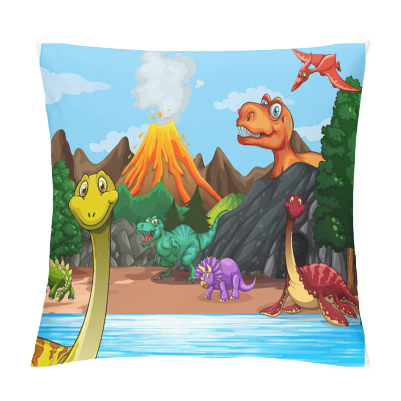 Personality  Prehistoric Forest Scene With Various Dinosaurs Illustration Pillow Covers