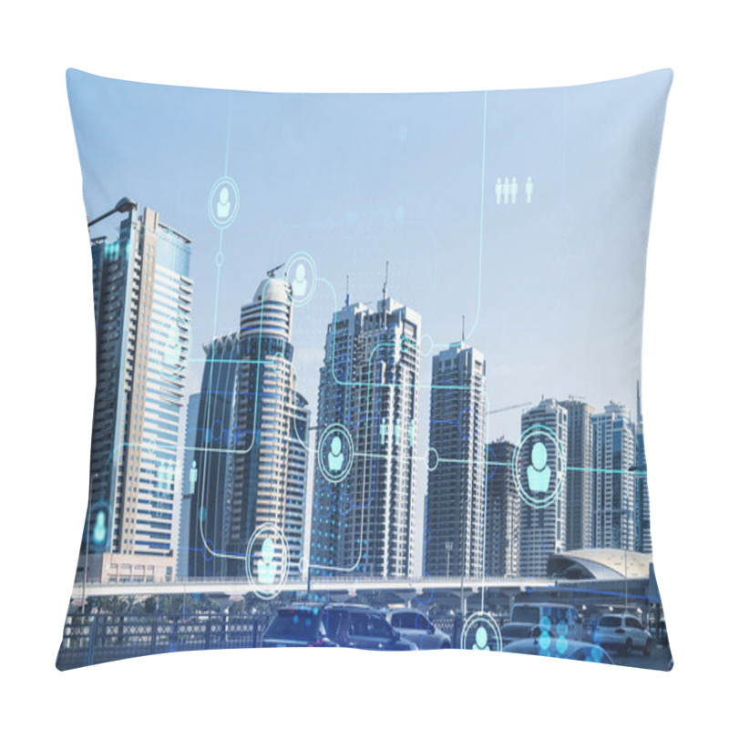 Personality  Cityscape Skyscrapers Of Downtown, UAE. Modern Skyline Of The Capital Of The Emirate Of Dubai. Social Network Concept. Double Exposure. People Icons Net. Pillow Covers