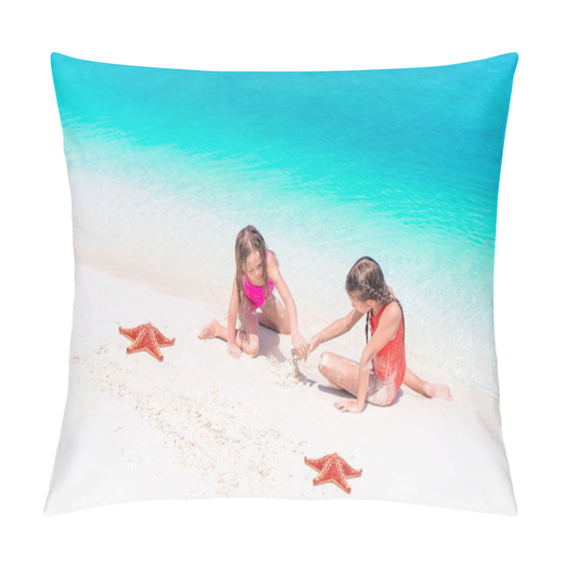 Personality  Adorable Little Girls With Starfish On White Empty Beach Pillow Covers