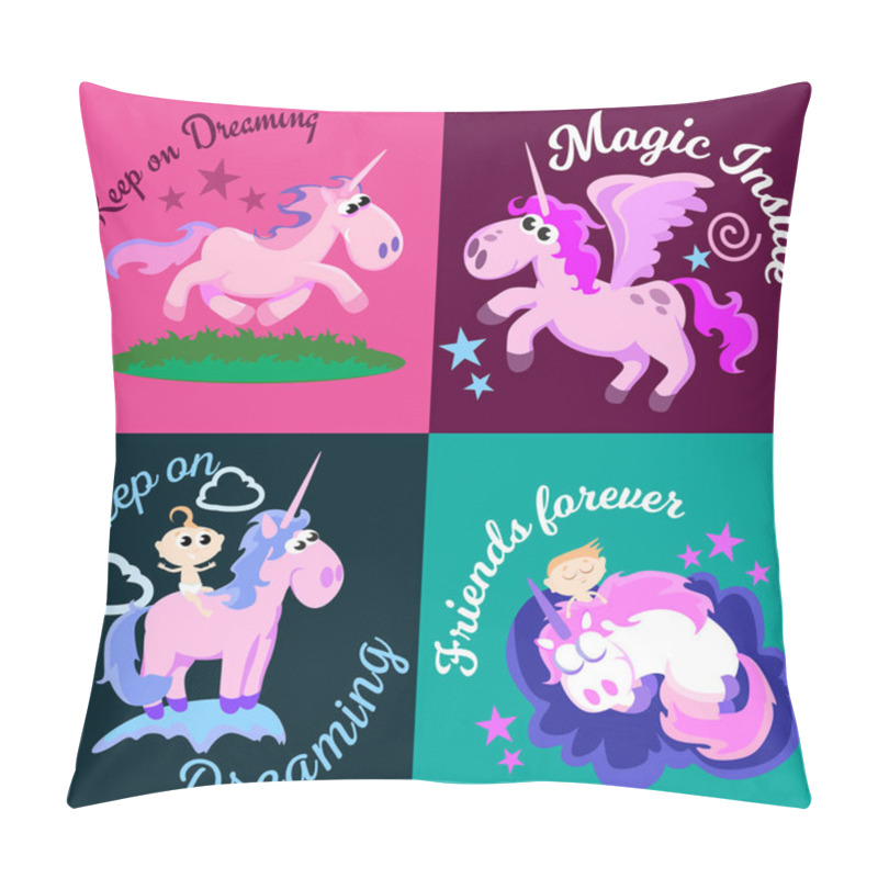 Personality  Cute Unicorn Isolated Set, Magic Pegasus Flying With Wing And Horn On Rainbow, Fantasy Horse Vector Illustration, Myth Creature Dreaming On Colored Background, Greeting Card Text Template Pillow Covers