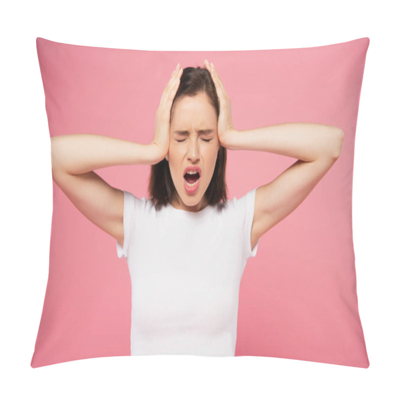 Personality  Beautiful Girl With Hands On Head And Closed Eyes Screaming Isolated On Pink Pillow Covers