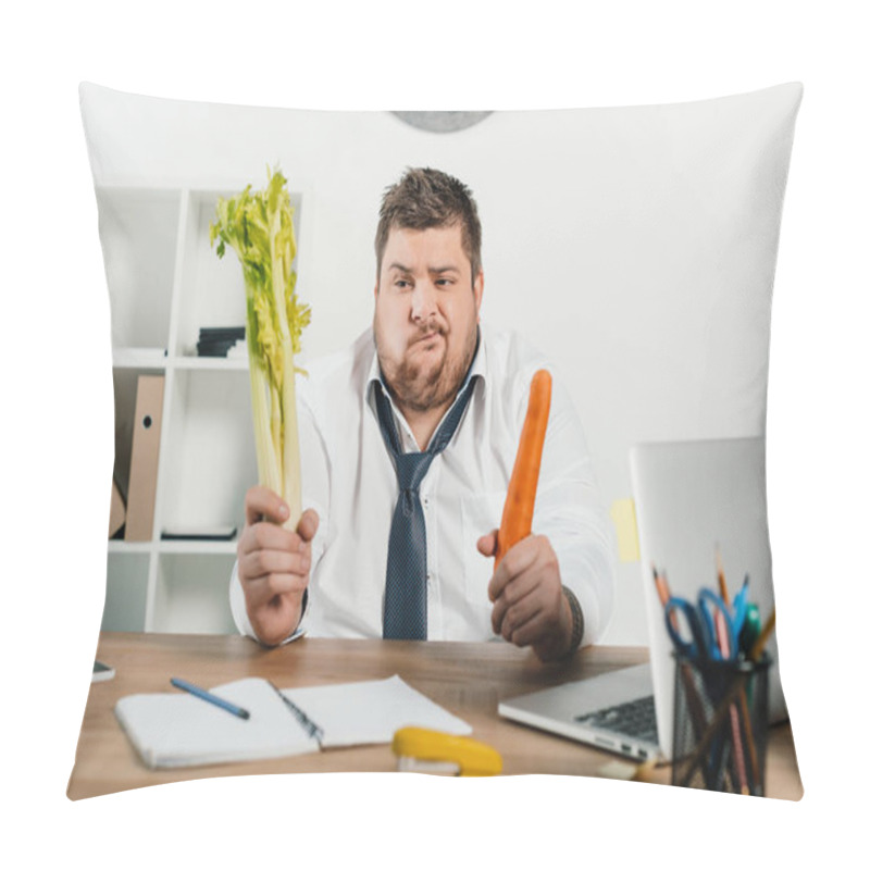 Personality  Confused Overweight Businessman Looking At Fresh Vegetables  Pillow Covers