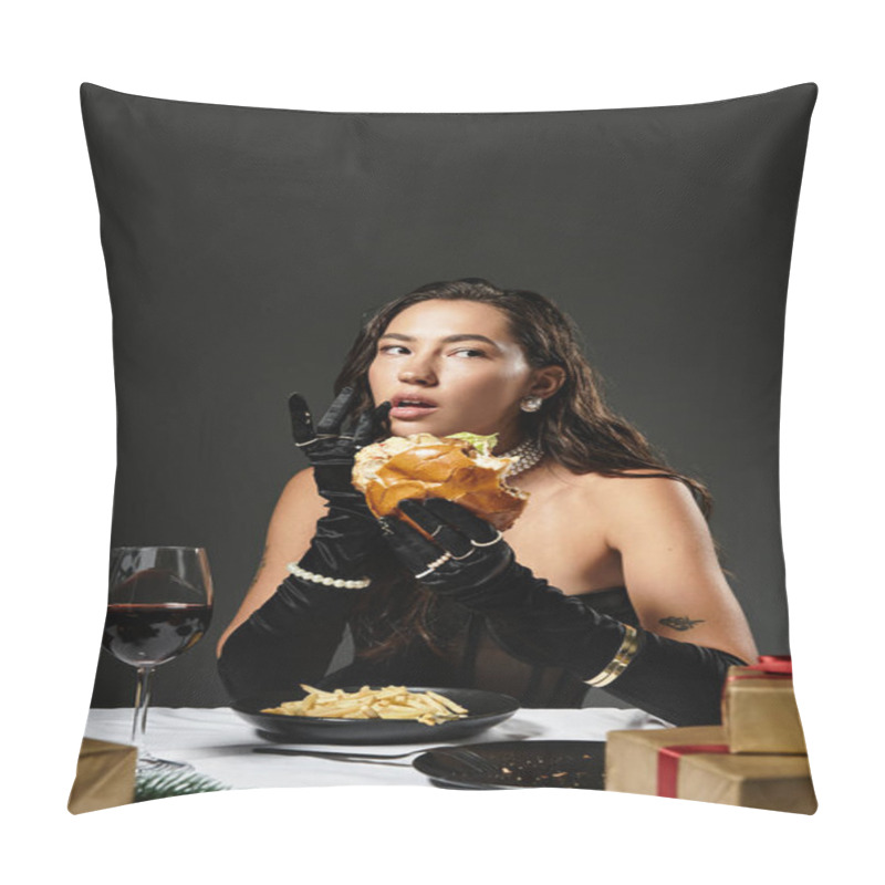 Personality  A Sophisticated Woman Adorned In Elegant Attire Savors A Gourmet Meal At A Stylish Table Setting. Pillow Covers