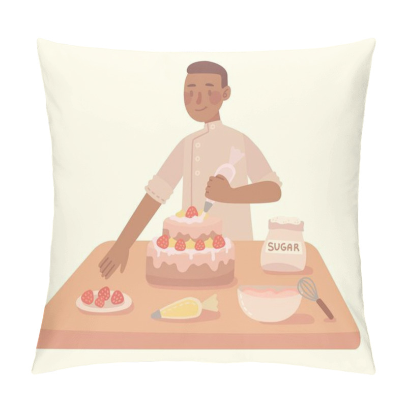 Personality  Young Man Cooking At A Kitchen Homemade Cake With At Home. Cooking Cake With Ingredients. Vector Modern Illustration In Flat Style. Pillow Covers