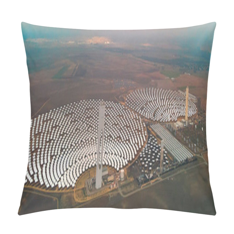 Personality  Aerial Horizontal Image Gemasolar Concentrated Solar Power Plant CSP Circle Shape, System Generate Solar Power Using Mirrors Lenses To Concentrate Large Area Of Sunlight Onto Receiver, Seville Spain Pillow Covers