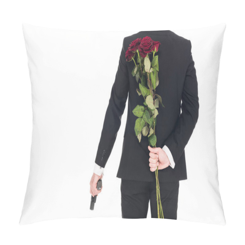 Personality  Back View Of Killer In Black Suit Holding Handgun And Red Rose Flowers, Isolated On White Pillow Covers