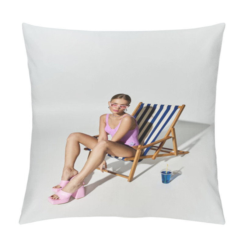 Personality  A Fashionable Blonde Woman Sitting On A Deck Chair In Stylish Swimsuit And Pink Shoes. Pillow Covers