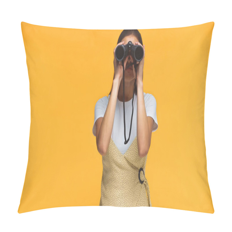 Personality  Woman Looking Through Binoculars Isolated On Yellow Pillow Covers