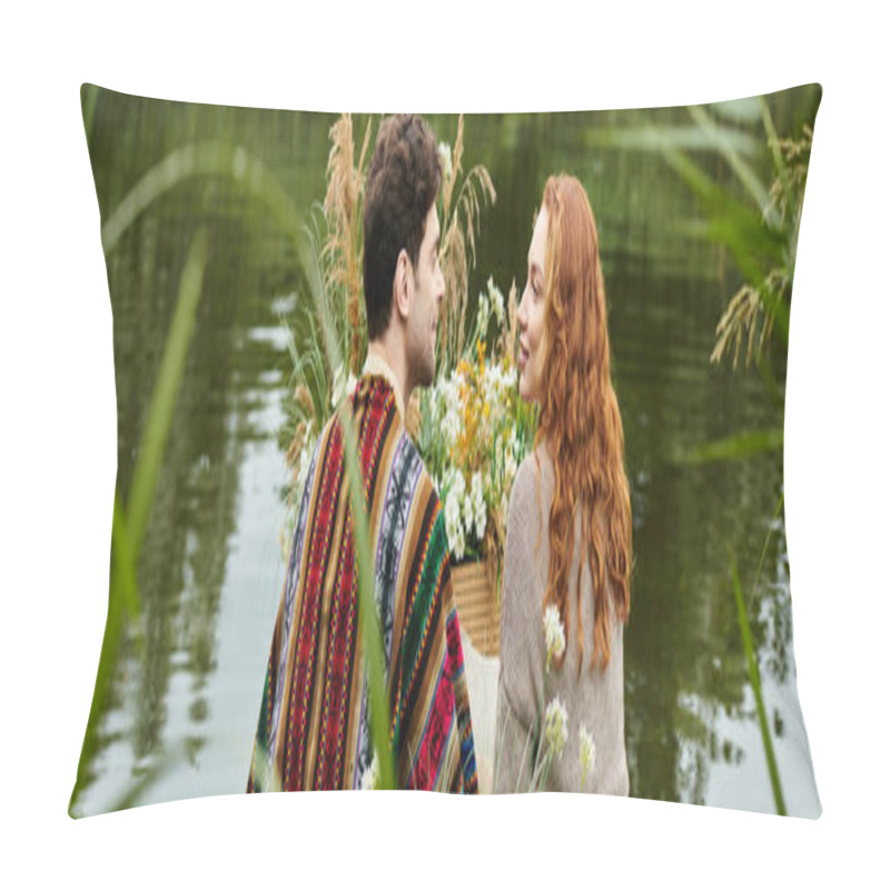 Personality  A Stylish Couple In Boho Attire Standing By A Peaceful Body Of Water In A Green Park, Enjoying A Romantic Moment Together. Pillow Covers